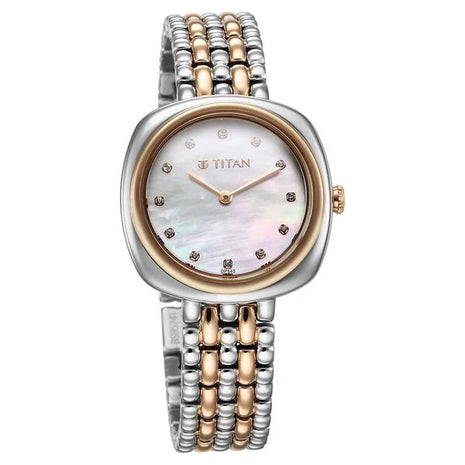 a women's watch with two tone gold and silver bracelets