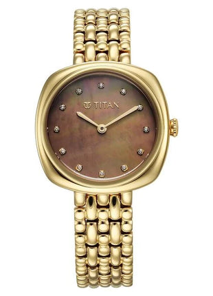 a women's watch with a brown dial