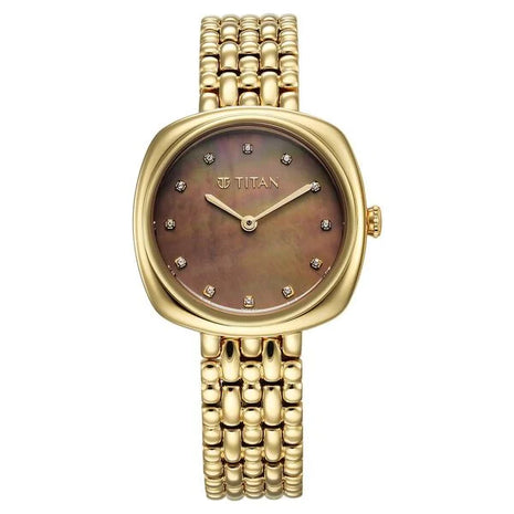 a women's watch with a brown dial