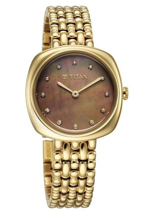 a women's watch with a brown dial