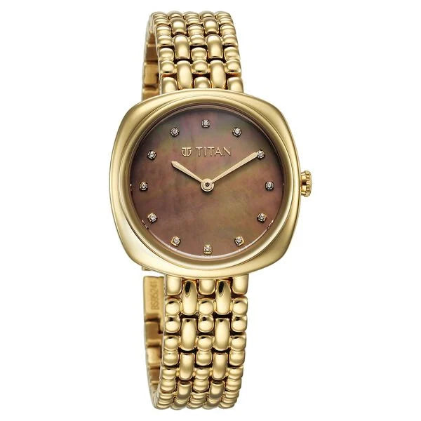 a women's watch with a brown dial