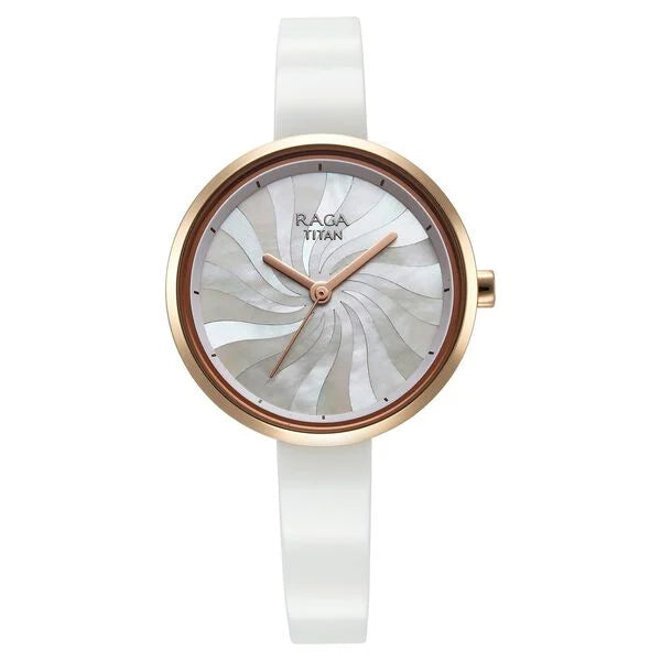 Front view of the Titan Raga Memoirs watch showcasing a mother of pearl dial with a swirl pattern and elegant rose gold accents.