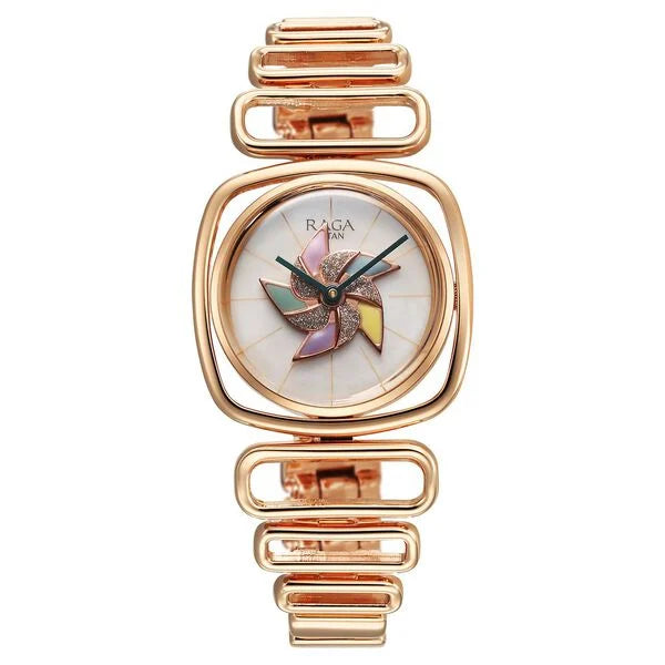 Titan Raga Memoirs Pinwheel Quartz Analog watch featuring a Mother of Pearl dial and a rose gold metal strap.