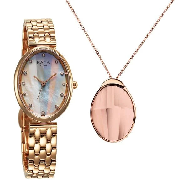 Titan Raga Memoirs women's quartz analog watch with a mother-of-pearl dial and rose gold metal strap, paired with a matching rose gold pendant necklace.