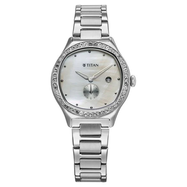 a women's watch with a mother of pearl dial