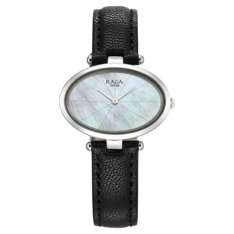 a women's watch with a black leather strap