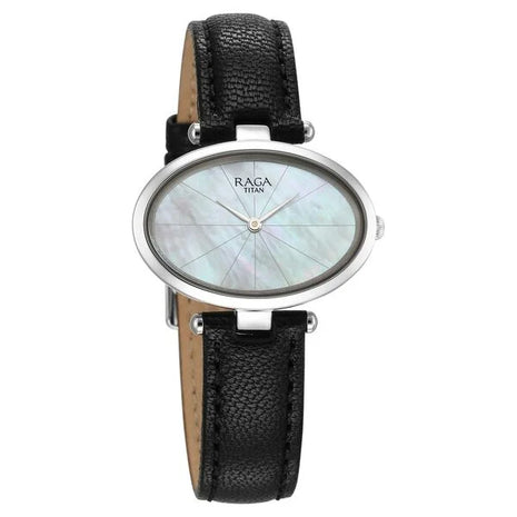 a women's watch with a black leather strap