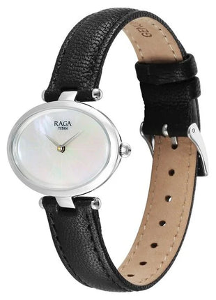 a women's watch with a black leather strap