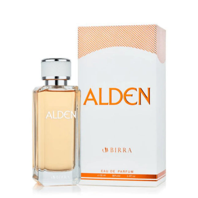 Alden EDP 100ml perfume bottle next to its packaging. The packaging features a stylish white box with orange accents and the name 'ALDEN' prominently displayed. The bottle's sophisticated design matches the elegant branding.