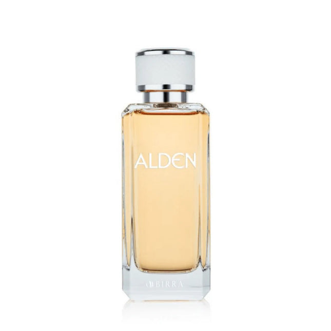 Alden EDP 100ml perfume bottle with a sleek, modern design. The bottle features a silver cap and the name 'ALDEN' elegantly displayed on the front. The liquid inside is a light amber color, showcasing its premium quality.