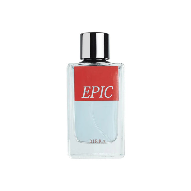 Bottle of Epic EDP by BIRRA, showcasing a sleek design with a vibrant red label reading 'EPIC' and a silver cap.