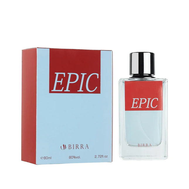 Epic EDP by BIRRA displayed with its box, highlighting the 80ml perfume bottle next to the product packaging featuring a red and blue color scheme.