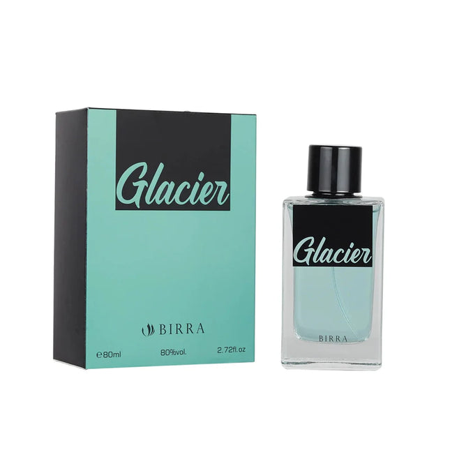 Glacier Eau De Parfum, 80ml by BIRRA, displayed with its elegant box packaging, highlighting the fresh turquoise theme with Glacier branding.