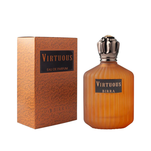 Virtuous - EDP 100ml perfume bottle displayed next to its elegant packaging, featuring a ribbed glass design and a sophisticated cap.