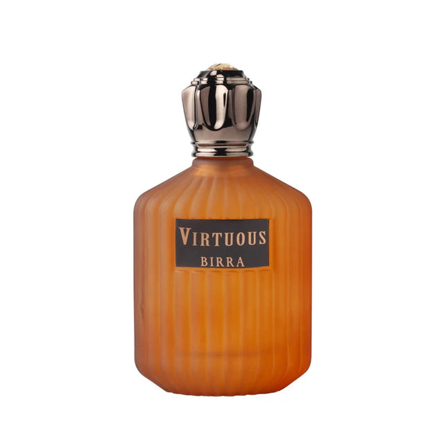 Virtuous - EDP 100ml perfume bottle with a ribbed design and a ornate silver cap, showcasing the premium fragrance by Birra.