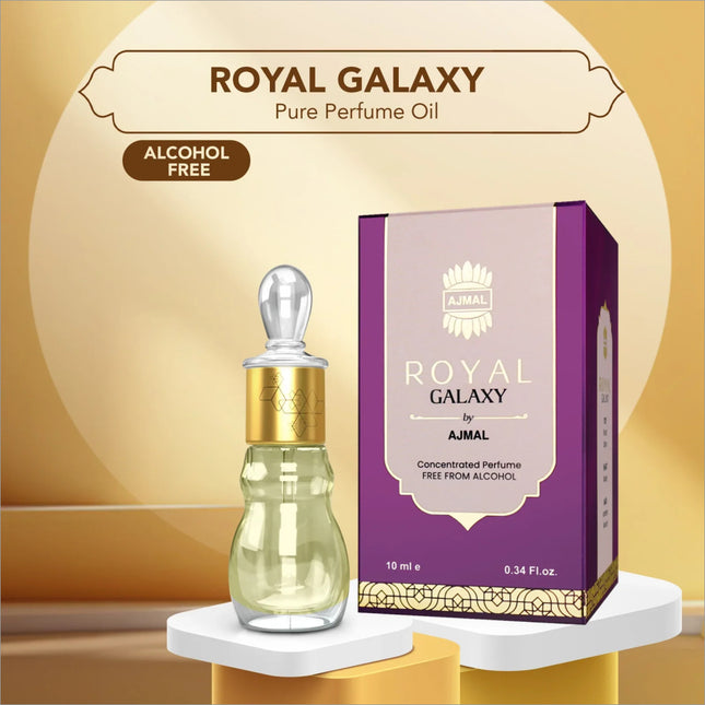 a bottle of royal galaxy perfume next to a box