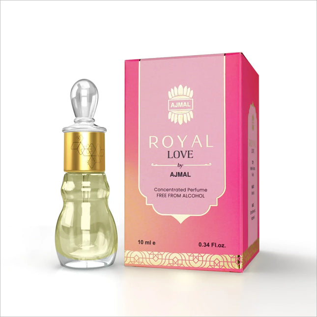 a bottle of royal love perfume next to a box