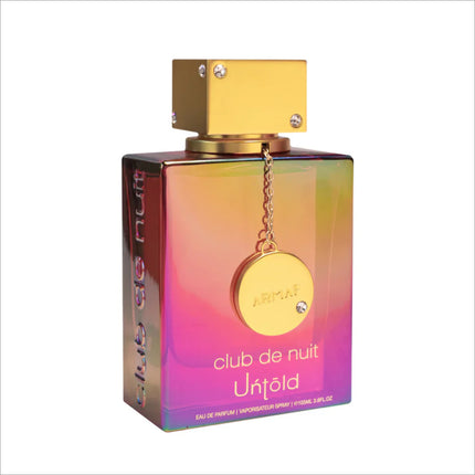 a bottle of perfume with a chain around it