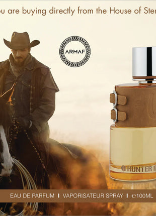 a man riding a horse next to a bottle of perfume