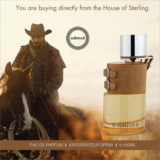 a man riding a horse next to a bottle of perfume