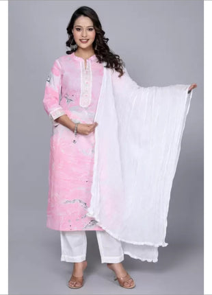 COTTON STRAIGHT KURTA WITH AFGHANI SUIT 3 PIECE SET - 3