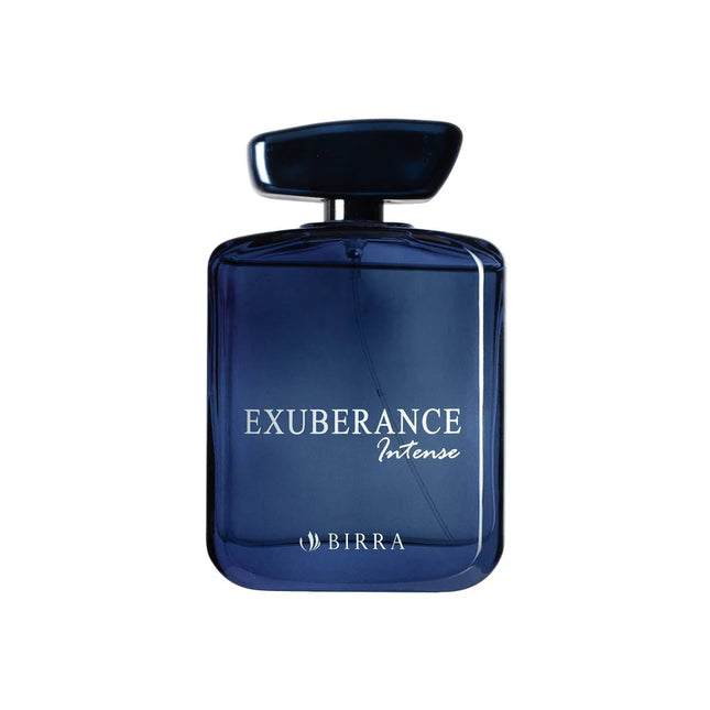 BIRRA Exuberance Intense perfume displayed in a clear blue bottle on a plain white background, showcasing the minimalist design of the fragrance.