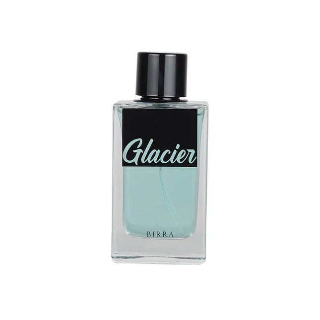 Bottle of Glacier Eau De Parfum, 80ml, by BIRRA, featuring a sleek glass design with a black cap and Glacier branding in stylish typography.