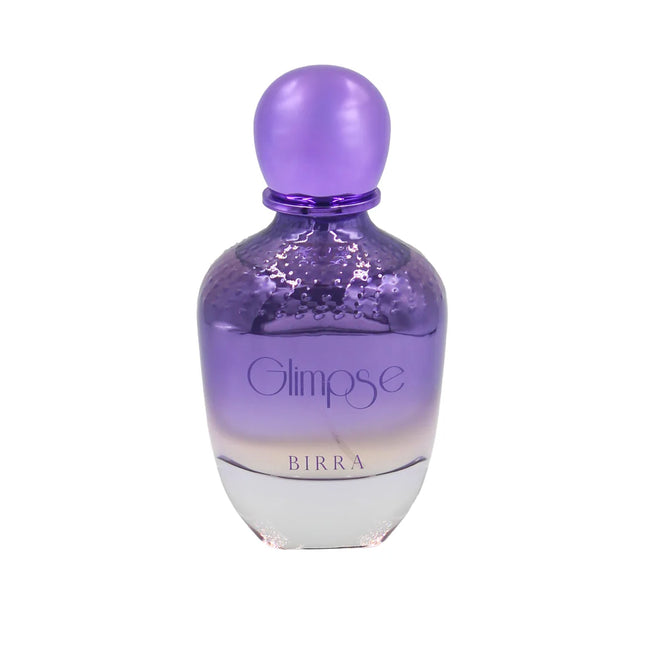 Glimpse EDP 100ml fragrance bottle by BIRRA, featuring a textured purple design and a round cap.