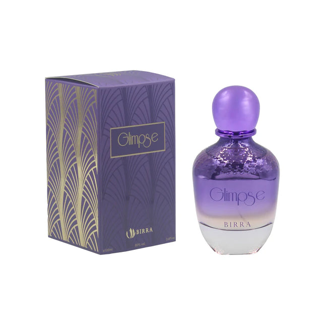 Glimpse EDP 100ml by BIRRA, showcasing the perfume bottle displayed alongside its elegant packaging.