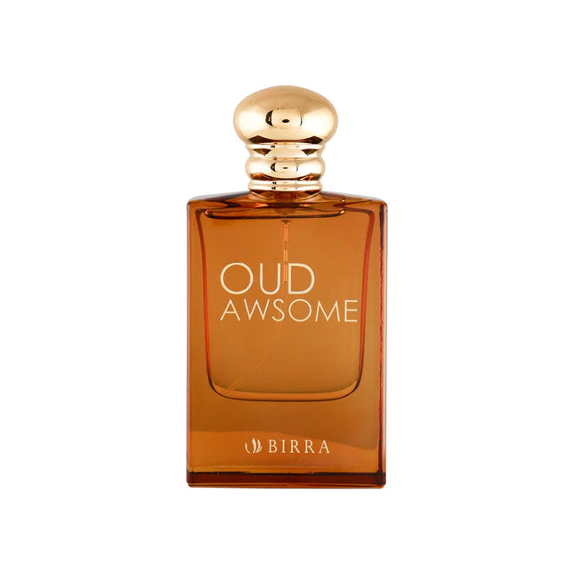 Oud Awsome perfume bottle by Birra, showcasing an elegant design with a transparent amber-colored body and a golden cap.