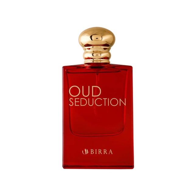 Oud Seduction EDP bottle featuring a luxurious golden cap and red glass design, 50ml premium perfume by BIRRA.