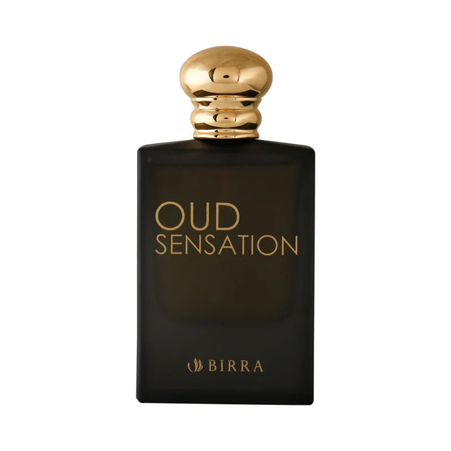 Oud Sensation EDP 50ml bottle by BIRRA featuring a sleek black design with gold accents.