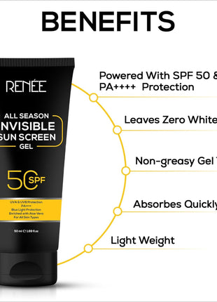 RENEE All Season Invisible Sunscreen Gel 50ml Spf 50 Broad