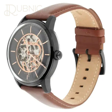 TITAN Automatic Watch - Black Dial & Tan Strap - WATCH