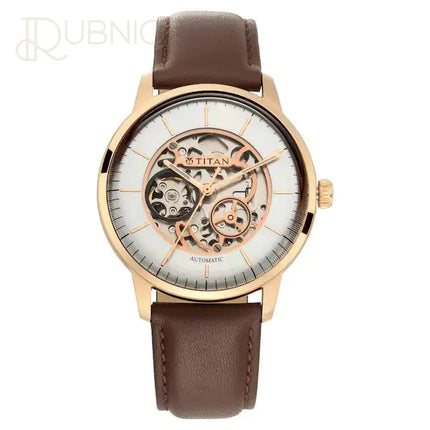 TITAN Automatic Watch - Silver White Dial & Brown Strap -