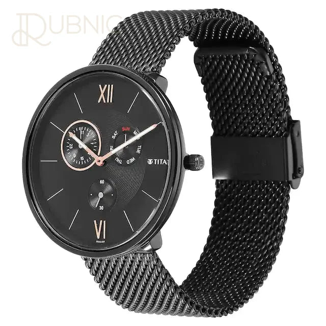 TITAN Slim Multifinction Black Dial Stainless Steel Strap