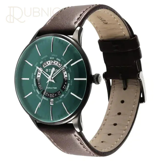 TITAN World Time Green Dial Leather Strap Watch - WATCH