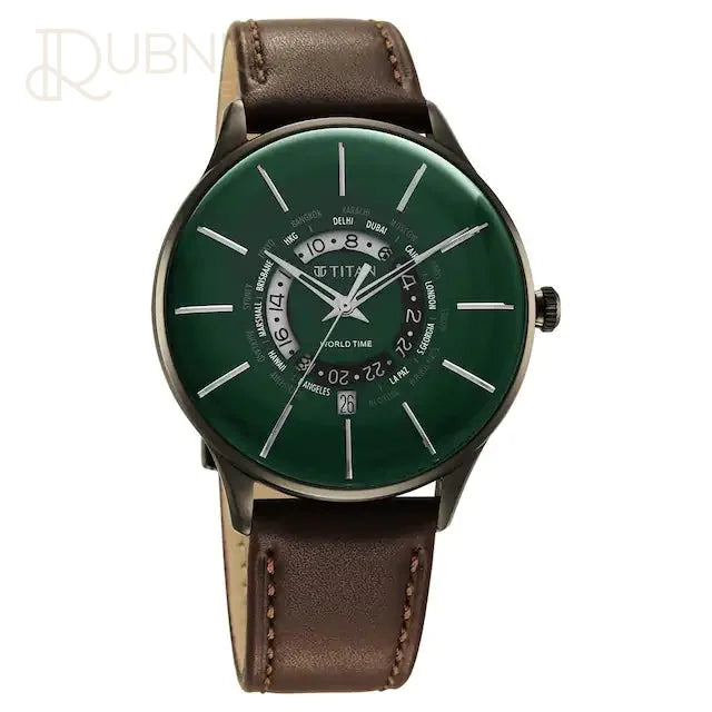 TITAN World Time Green Dial Leather Strap Watch - WATCH