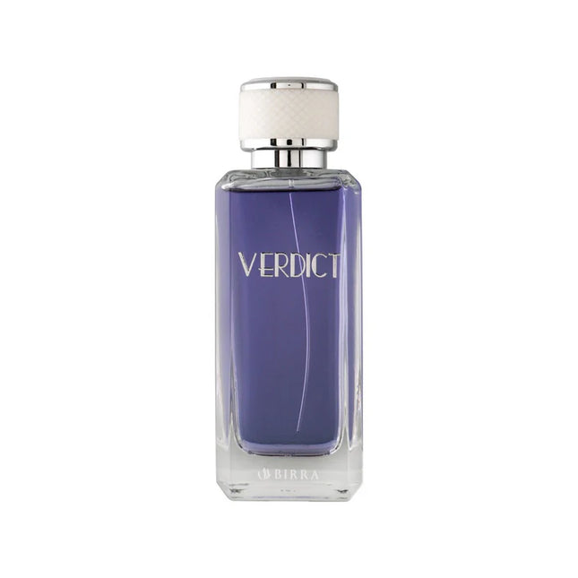 Verdict EDP 100ml premium perfume bottle with sleek design and silver detailing, showcasing a sophisticated fragrance for men.